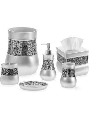 Elegant Crackled Glass 6-Piece Silver Bathroom Accessory Set - Chic Home Decor